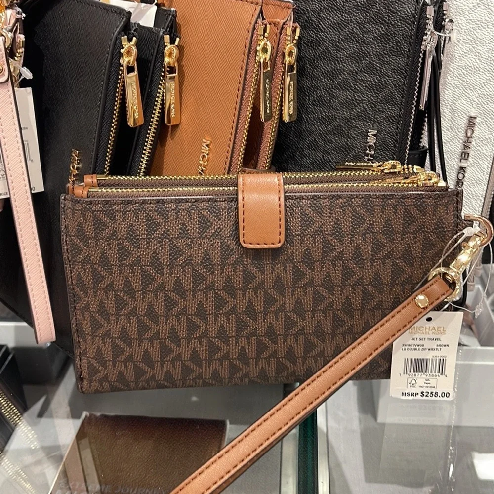 MICHAEL KORS LARGE DOUBLE ZIP WRISTLET PHONEHOLDER WALLET CLUTCH Brown